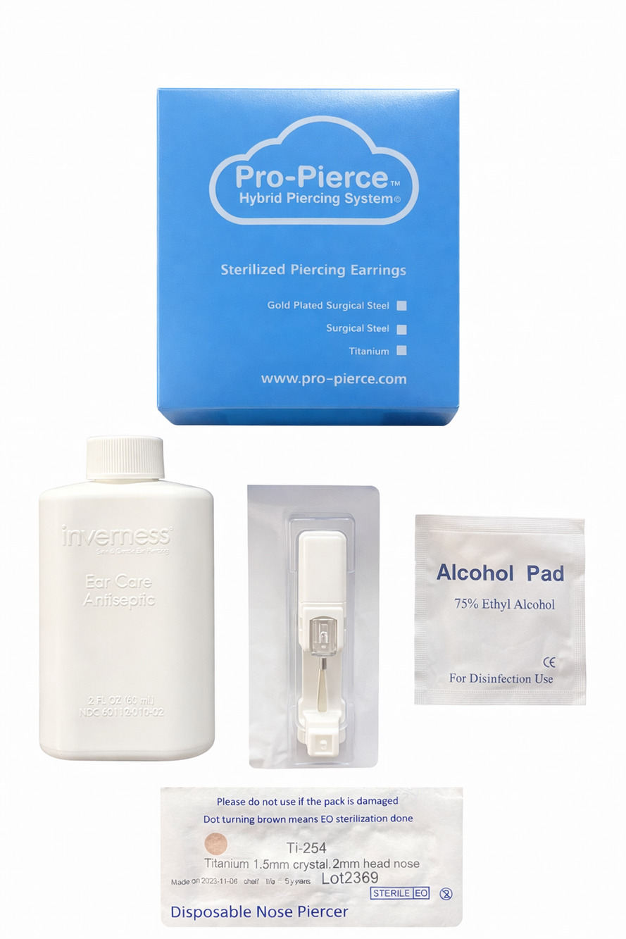 Disposable Nose Piercing Kit with Titanium Jewelry & Aftercare Solution